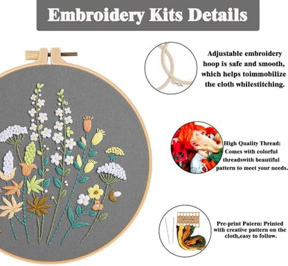 GLTAYLMY 3 Pack Embroidery Starter Kit for Beginners Stamped Cross Stitch Kits with Cute Flowers and Plants Patterns with 1 Embroidery Hoop and Color Threads for Adults - Image 3