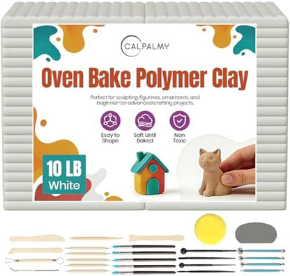 CALPALMY Oven Bake Polymer Clay 10lb with Tools Kit, White Sculpting Material for Modeling & Crafts, Soft Until Baked, Non-Toxic DIY Clay for Figurines, Miniatures, Jewelry & Pottery Projects by CalPalmy