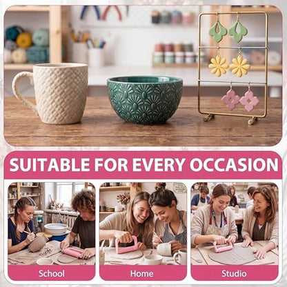 Leriton 9 Pcs Clay Texture Roller Set with Handle, Floral - Image 6