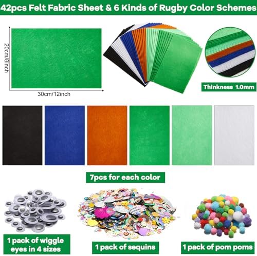 gisgfim 42Pcs Football Felt Fabric Sheets Craft Kit 8 x 12 Inch Green Brown Assorted Colors Thick Felt Pack with Wiggle Google Eyes Pompoms Glitter Patchwork Craft for DIY Sewing Art Project Decor - Image 2