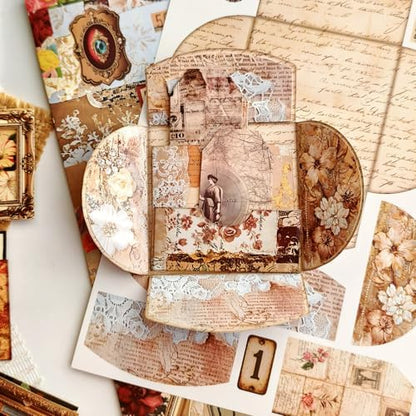 Vintage Junk Journal Kit with DIY Ephemera Storage and Accordion Pockets,11 Sheets Cardstock Pieces for Art Journaling, Scrapbooking and Mixed Media Crafts - Image 6