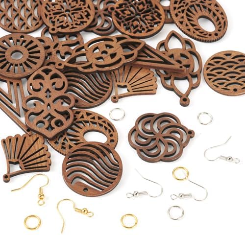 Elecrelive 10 Pairs Wooden Dangle Earring Making Kit Teardrop Oval Flower Leaf Shapes Natural Wood Earring Blanks with Hooks for DIY Craft Jewelry Making - Image 7