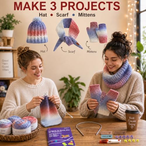 Complete Knitting Kit for Beginners, Scarf, Hat & Gloves, Amethyst Ombre - Image 5