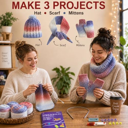 Complete Knitting Kit for Beginners, Scarf, Hat & Gloves, Amethyst Ombre - Image 5