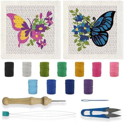 BEUNITONE 2 Sets DIY Punch Needle Kits for Beginners,Butterfly Pre-Printed Pattern,Embroidery Punch Needle Starter Kits for Adults,Includes Pre-Printed Cloth,Yarns,Hoops,Threader and Instructions by BEUNITONE