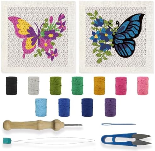 BEUNITONE 2 Sets DIY Punch Needle Kits for Beginners,Butterfly Pre-Printed Pattern,Embroidery Punch Needle Starter Kits for Adults,Includes Pre-Printed Cloth,Yarns,Hoops,Threader and Instructions by BEUNITONE