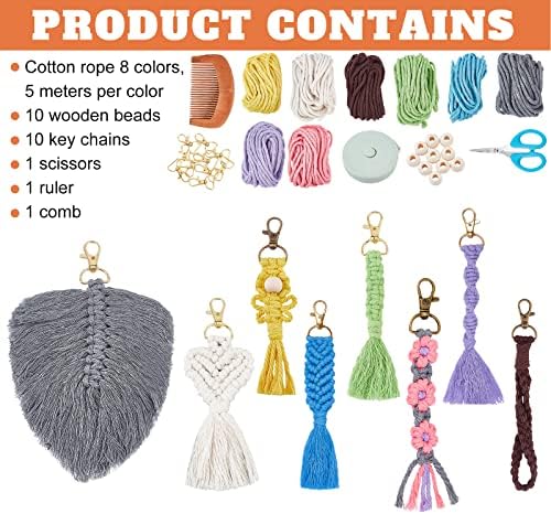 INFUNLY 8 Set Macrame Keychain DIY Kits Mini Boho Keychains Bag Charms Macrame Keychain Bracelet with Tassels for Car Key Purse Phone Instruction Included - Image 3
