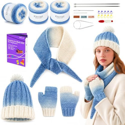 Knitting Kit for Beginners, Complete Starter Kit for Scarf, Hat, Gloves by Kitcroet