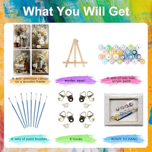 4 Pack Flower Paint by Numbers for Adults with Framed Canvas - Wooden Easel - Image 4