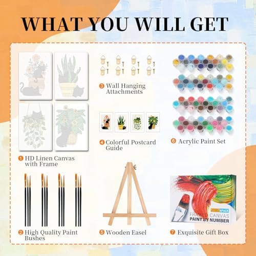 4 Pack Paint by Numbers Kit for Adults with Frame, Black Cat & Green Plant - Image 6