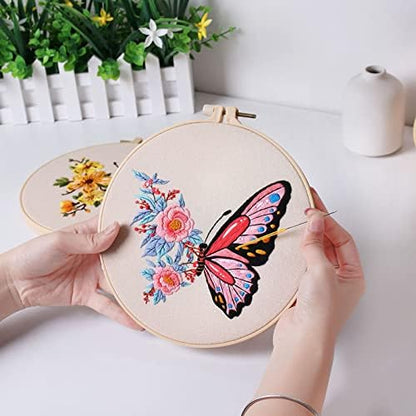 Konrisa Embroidery Starter Kits with Butterfly Flower Pattern, Stamped Cross Stitch Kits for Beginners Adults DIY Sewing Include Embroidery Hoop Embroidery Fabric Threads and Needles,Set of 2 - Image 3