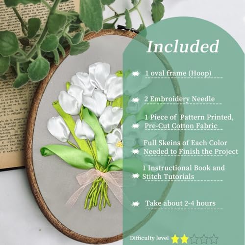 FONNUY Ribbon Embroidery 3D Flowers Pattern Design Kit Embroidery DIY Handwork Set Oval Home Decoration (White Tulip) - Image 2