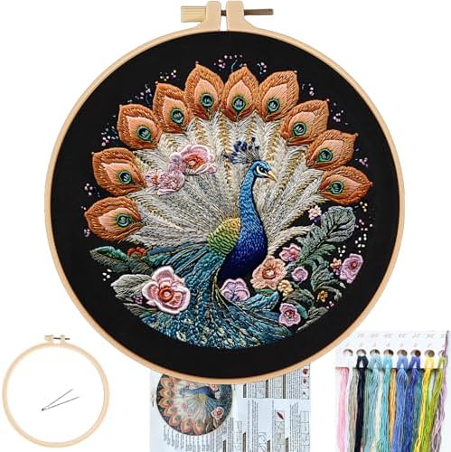 FONNUY Peacock Floral Embroidery Kit, Cross Stitch Kits, Handmade Crafts with Printed Patterns for Beginner Adults, Easy to Follow Color Thread Needlework, 8'' Hoop (Jewel-Toned Feathers) by FONNUY