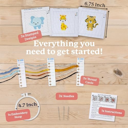 Kraftex Floral Stamped Cross Stitch Kits for Beginners - 3 Pack. DIY Embroidery Needlepoint Patterns for Adults. Easy Cross Stitch Kits for Beginners (Zoo Creatures) - Image 2