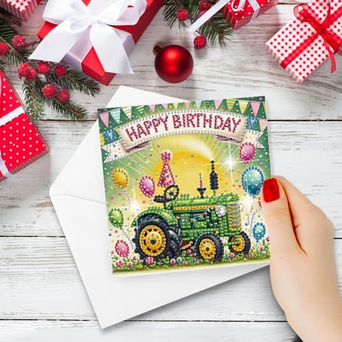 jinglinhh 6pcs Diamond Art Painting Happy Birthday Tractor Truck Excavator Cake Dog Puppy Greeting Cards with Envelopes, DIY Card Making Kits for Adults, Diamond Art Postcards Christmas Cards Craft Gifts - Image 6