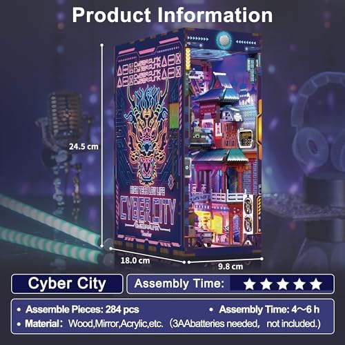Tonecheer DIY Book Nook Kit for Adults, Wooden 3D Puzzle Bookend Bookshelf Insert Decor, Cyber Punk Booknook Miniature House Kit with Dust Cover and Body Motion Sensor LED (Cyber City) - Image 3