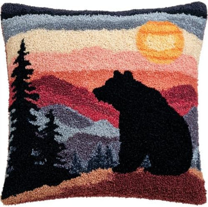 DIY Latch Hook Pillow Kit Black Bear with Mountain and Sunset 43x43cm by Unknown