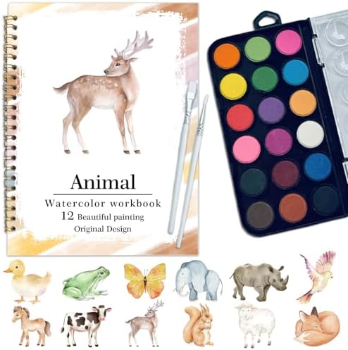 Watercolor Workbook, Water Coloring Book, 12 Different Patterns of Original DIY Designs, 18 Colors Watercolor Set, Beginner-Friendly Watercolor Workbooks (Animals), Perfect Gifts for Adults by Unknown