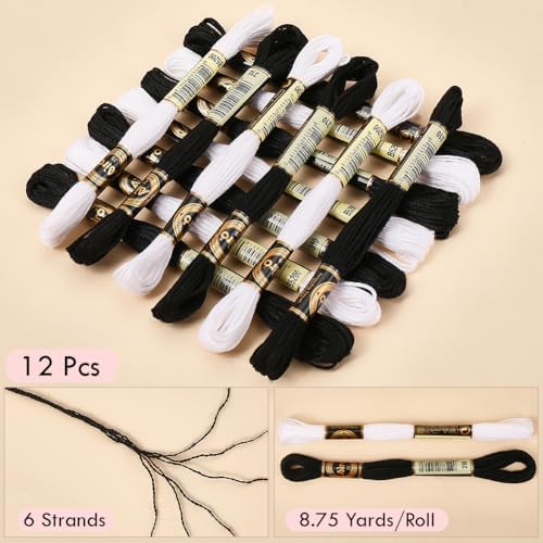 12 Skeins 105 Yards Black White Embroidery Floss Thread for Craft - Image 2