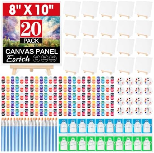 ESRICH 20 Pack 8x10 Canvas and Easel Set, Mini Acrylic Paint, Paint Brushes, Palettes, Aprons, Sip and Paint Kits for Adults Couples Friends Date Night Painting Party Supplies by ESRICH