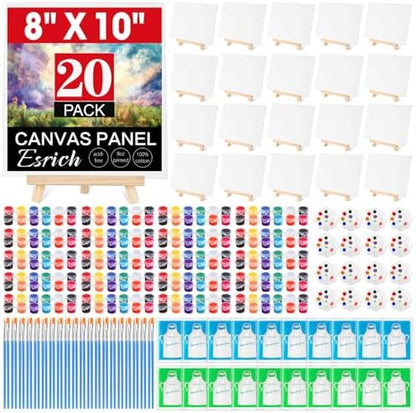 ESRICH 20 Pack 8x10 Canvas and Easel Set, Mini Acrylic Paint, Paint Brushes, Palettes, Aprons, Sip and Paint Kits for Adults Couples Friends Date Night Painting Party Supplies by ESRICH