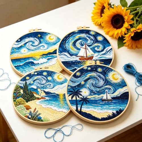 BEUNITONE 4pcs Embroidery Kit, Starry Sky & Beach Stamped Embroidery Kits with Hoop, Thread & Needles, Cross Stitch Kits Sewing Gifts for Adults and Beginners, DIY Craft for Relaxation - Image 6
