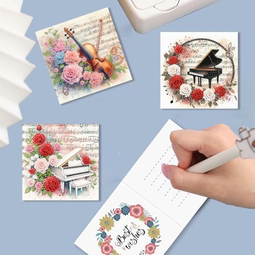 6 Pack 5D DIY Diamond Painting Musical Instrument Flowers Greeting Card Kit, Diamond Art Christmas Birthday Holiday Greeting Card, Art Crafts Kit Creative with Envelope - Image 4