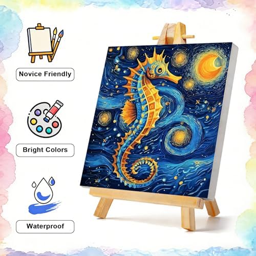 TBAIRO Starry Night Framed Paint by Numbers Kit for Adults Beginner Seahorse DIY Painting Kits for Kids Ages 8-12 Animals Easy Adult Paint by Number Kits on Canvas for Wall Art Decor 8x8 Inch - Image 2