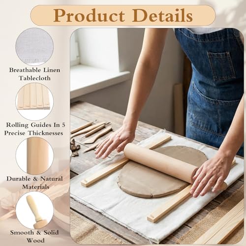 12 Pcs Pottery Tools Set – Wood Rolling Pin, 5-Size Rolling Guides & Linen Tablecloth for Clay Sculpting & Ceramic Projects - Image 3