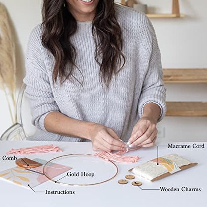 DIY Macrame Kit, Feather Dream Catcher Wall Hanging Kits for Teens & Adult Beginners, Craft Supplies for Boho Art Project-Macrame Cord, Gold Hoop, Accessories & Instructions (Salmon) - Image 3
