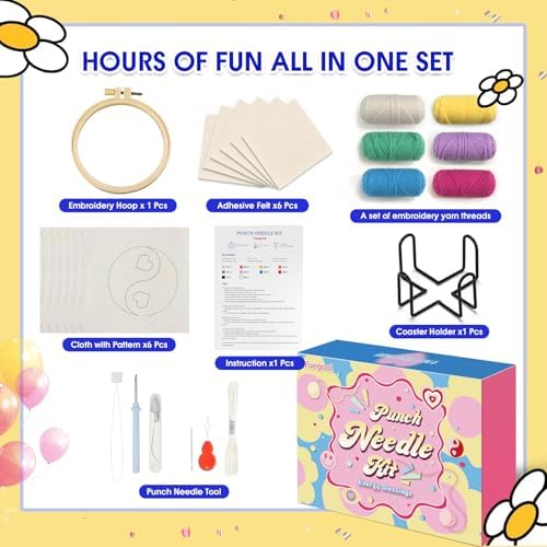 yuegool 6PCS Energy Punch Needle Coasters Kit,Easy DIY Punch Needle Embroidery Kit for Beginners Adults Kids Including Patterns, Tools, Yarns, Hoop, Instruction, Coaster Holder Art Craft Supplies - Image 2