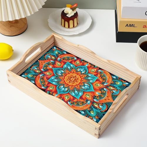 EWJRNSF Diamond Art Kits for Adults Wooden Serving Trays with Handles, 5D Diamond Painting Big Gem Arts and Craft Gifts Trays Decor Gift Home Decor 12.2x16.1 Inches Mandala E - Image 7