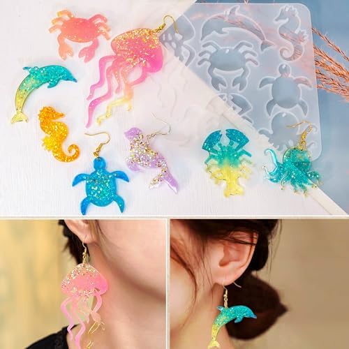JHYlilia 204Pcs Resin Earring Molds Ocean Marine Life Jewelry UV Resin Jellyfish Shell Starfish Earrings Keychain Necklaces Pendant Silicone Molds DIY Art Craft Jewelry Making Supplies - Image 5