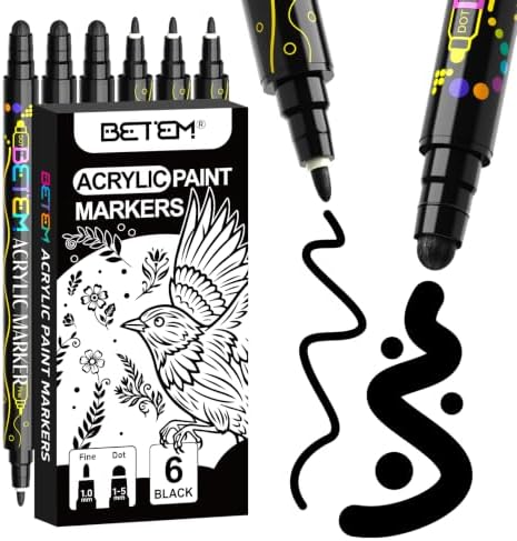 Betem 6 Black Dual Tip Acrylic Paint Markers, Fabric Decorating Kits by BetemArtWorld