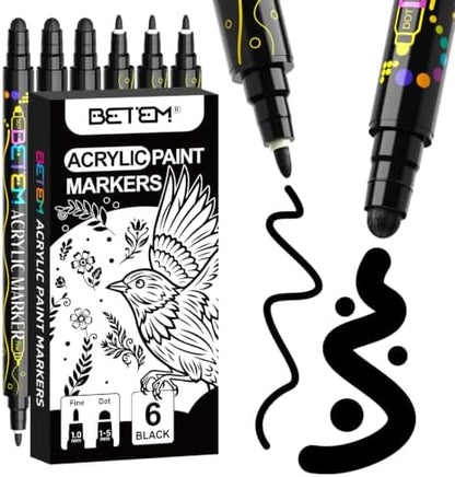 Betem 6 Black Dual Tip Acrylic Paint Markers, Fabric Decorating Kits by BetemArtWorld
