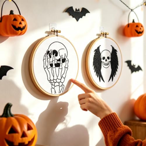 Skull Halloween Embroidery Kits for Beginners Adults, Gothic Embroidery Sets Needlepoint Kits, Halloween Stamped Cross Stitch Kits for Beginners Adults, 2 Embroidery Hoops (Attached Video Tutorial) - Image 3