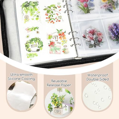 5-in-1 Sticker Organizer Book Reusable A5 Storage Binder with 220 Pockets,10 Release Papers, Zipper Album Sticker Collecting Display Keeper (Black) - Image 6
