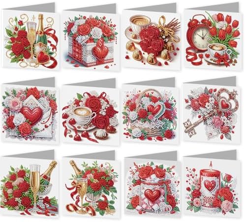 jinglinhh 12pcs Valentine's Day Diamond Art Painting Rose Flower Candle Tulip Coffee Greeting Cards with Envelopes, DIY Card Making Kits for Adults, Diamond Art Birthday Holiday Cards Gifts by Unknown