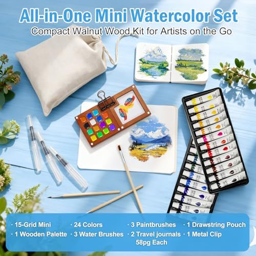 24 Colors Pocket Mini Watercolor Paint Set Walnut Wood Palette Kit - Image 2