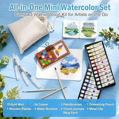 24 Colors Pocket Mini Watercolor Paint Set Walnut Wood Palette Kit - Image 2