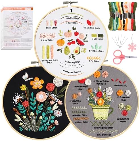 Santune 3 Pack Beginner Embroidery Kits for Adults DIY Starter Kit with 33 Stitch Techniques, Stamped Patterns, Embroidery Hoop, Colorful Threads,Stitch Video Tutorial by Santune