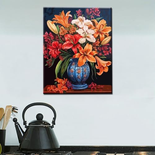 Lily Flowers DIY Paint by Numbers for Adults Colorful Blooming Flowers in Vase DIY Oil Painting Acrylic Paint Art Painting Kits Canvas with Acrylic Paint Floral Art 16x20 Inch （without Frame ） - Image 2