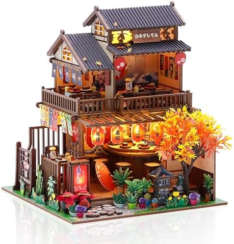 DIY Japanese Miniature House Kit, DIY Miniature Japanese Sushi Shop Dollhouse, 3D Wooden Sushi House Kit with LED Lights & Furniture, Creative Home Decor Birthday Gift Hands Craft for Adults by Hallisun