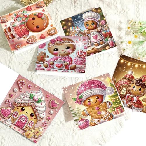 FRANDEK 6pcs Pink Gingerbread Men Diamond Art Painting Greeting Cards, Handmade DIY Gem Art Kit with Rhinestones, Diamond Dots Postcards for Birthdays, Holiday Thoughtful Gift for Adults - Image 5