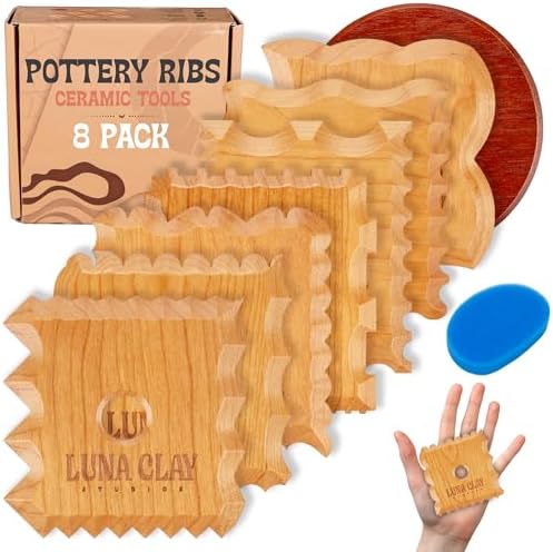 Kiln-Dried Cherry Wood Pottery Ribs & Pottery Tools For Wheel Throwing | 8 Pack - Professional Non-Warping Ceramic Set for Trimming, Sculpting, Shaping - Clay Tools & Modeling Kit with Bonus Sponge by LunaClayStudios