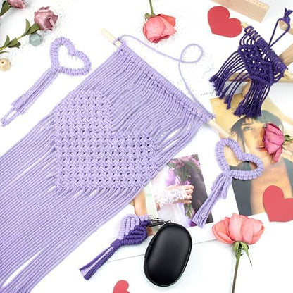 BUFANTL DIY Macrame Heart Kit for Beginners, 5-Piece Starter Set with 2 Wall Hangings, 1 Keychain & 2 Napkin Rings, Boho Weaving Craft Kit for Adults - Image 6