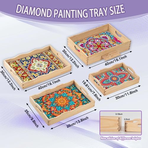 EWJRNSF Diamond Art Kits for Adults Wooden Serving Trays with Handles, 5D Diamond Painting Big Gem Arts and Craft Gifts Trays with Phone Holder Decor Gift Home Decor 12.2x16.1 Inches Mandala - Image 2