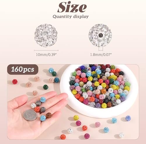 160pcs 10mm Rhinestone Beads for Jewelry Making, Black Shiny Round Disco Ball Beads Bulk, Sparkle Crystal Clay Christmas for Bracelet Baseball Necklace Earring Crafting and DIY - Image 4
