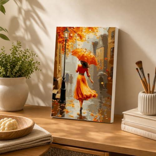 Spandrel Autumn Lady Framed Paint by Numbers Kit for Adult, Adult Paint by Number Kits on Canvas Street Scene, DIY Acrylic Oil Thanksgiving Painting by Numbers for Home Wall Decor, 8x12in - Image 4