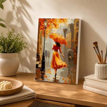 Spandrel Autumn Lady Framed Paint by Numbers Kit for Adult, Adult Paint by Number Kits on Canvas Street Scene, DIY Acrylic Oil Thanksgiving Painting by Numbers for Home Wall Decor, 8x12in - Image 4